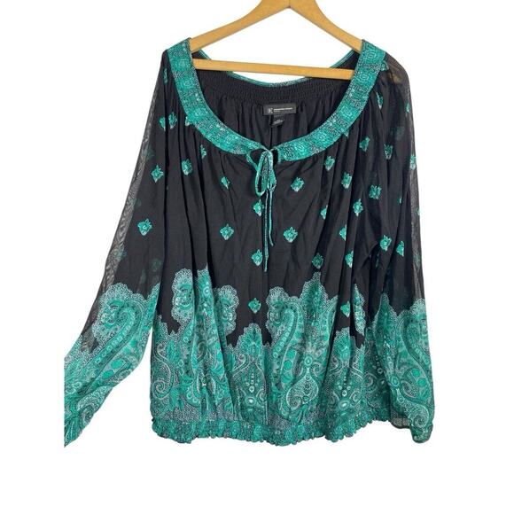 INC 3X Tunic Blouse Top Black Sheer Gauzy Sleeve Peasant Boho Chiffon Paisley - Picture 3 of 9